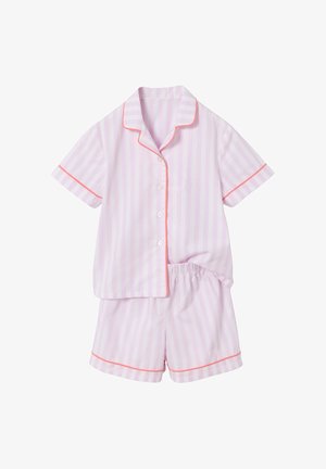 Short-sleeve button-up pajama top and matching shorts with light pink vertical stripes and coral piping accents.
