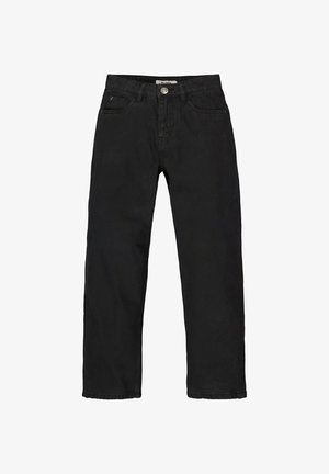 Schwarze Denim-Jeans mit geradem Bein. Verfügt über fünf Taschen, einen Reißverschluss und einen Metallknopfverschluss. Weiche Textur mit minimalen Nähten.