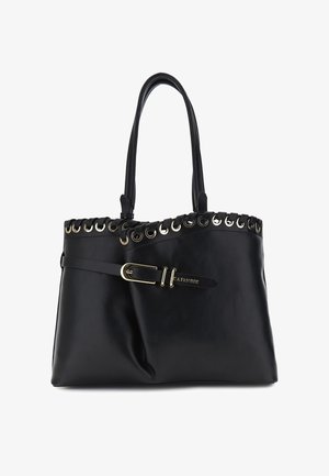 Sort læderstor taske med dobbelte håndtag, dekorative guldfarvede øjer langs øverste kant og et guldspænde på forsiden.