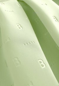 Svetle zelená látka s reliéfními písmeny a vzory, včetně "B" a "BAKER", s hladkým, saténovým povrchem.