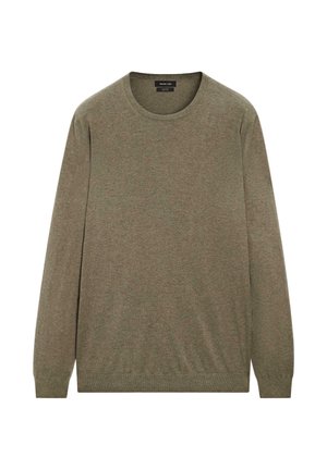 Maglione verde oliva con maniche lunghe, scollatura rotonda e polsini e orlo a coste. Texture morbida, tessuto leggero, design minimale.