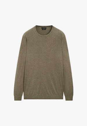 Olivenfarvet sweater med lange ærmer, rund halsudskæring og ribbede manchetter og kant. Blød tekstur, letvægtsstof, minimalistisk design.