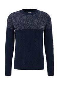 Dunkelblauer gestrickter Pullover mit einem strukturierten Fischgrätmuster, ausgestattet mit einem helleren blauen gemusterten oberen Bereich sowie gerippten Bündchen und Saum.