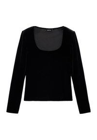 Zwart langemouwen top van fluweel met een ronde halslijn en een aansluitend ontwerp. Gladde textuur met een effen kleur, geen zichtbare patronen of accenten.