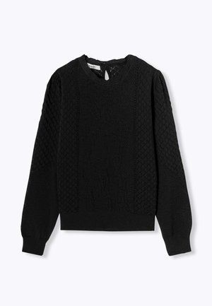 Pull en laine noir avec un motif texturé, doté de manches longues et d'un col rond. Comprend un détail en forme de trou de serrure à l'arrière.