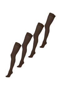 Gennemsigtige mørkebrune lårhøje strømper med blondekant øverst. Designet har en glat tekstur og en tætsiddende form.