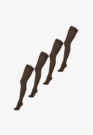 Medias oscuras de talle alto en marrón transparente con encaje en la parte superior. El diseño presenta una textura suave y una forma ajustada.