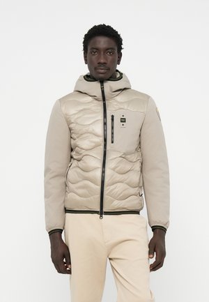 Beige gevoerde jas met capuchon, voorzien van een zwarte rits, groene accenten en een borstzak. Gladde stof met een gestructureerd patroon.