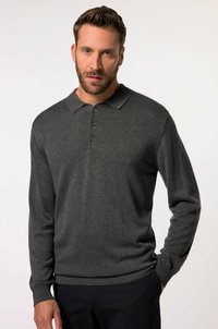 Dunkelgrauer langärmliger Polo-Pullover mit einem Kragen, einer Knopfleiste mit drei Knöpfen und gerippten Bündchen. Weicher Stoff mit taillierter Passform.