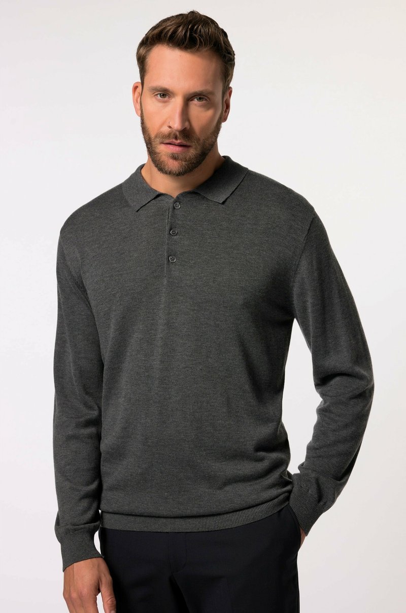 Dunkelgrauer langärmliger Polo-Pullover mit einem Kragen, einer Knopfleiste mit drei Knöpfen und gerippten Bündchen. Weicher Stoff mit taillierter Passform.