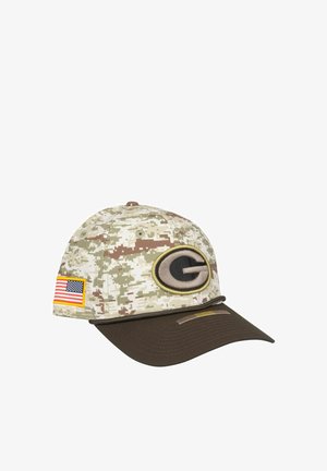 Baseball cap with digital camouflage pattern, dark brown brim, patch logo with "G," and American flag on the side.