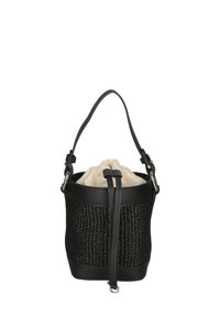 Borsa a secchiello nera intrecciata con dettagli in pelle, dotata di chiusura a coulisse, superficie liscia e tracolla rimovibile.