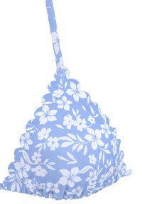 Haut de bikini bleu à motifs floraux blancs, avec des bords ondulés, une bride ajustable et une finition volantée le long du bord inférieur.