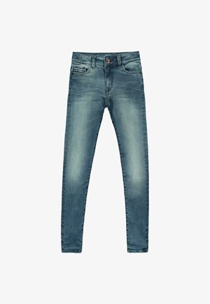 Strakke spijkerbroek gemaakt van denim, met een vervaagde blauwe wassing, ontwerp met vijf zakken, knoopsluiting en subtiele versleten details.