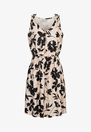 Floral dress in soft fabric, featuring a beige background with black flower patterns, v-neck, buttons, and an elastic waist for fit.