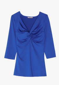 Blue, long-sleeve top with a V-neck and twisted front detail. Made of soft fabric with a smooth texture and fitted silhouette.