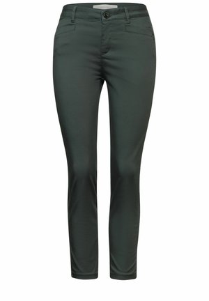 Mørkegrønne slimfit bukser med forreste knap, lynlås, bæltestropper samt for- og baglommer.