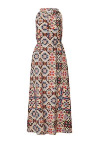 Maxikleid aus gemustertem Stoff mit geometrischen Formen in Rot, Blau und Beige, mit engem Oberteil und fließendem Rock sowie einem Schlüsselloch-Design am Rücken.