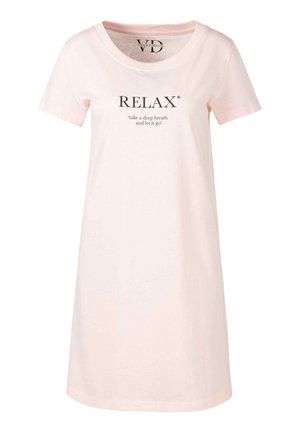 Light pink cotton nightgown with short sleeves. Features a round neck and front print: "RELAX*" with additional text below. Smooth texture.