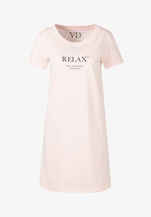 Light pink cotton nightgown with short sleeves. Features a round neck and front print: "RELAX*" with additional text below. Smooth texture.