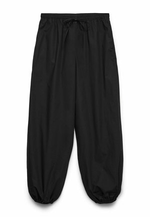 Pantalon noir ample avec taille élastique et cordon de serrage, bas des jambes élastiqués, adapté pour un usage décontracté.