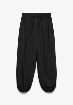 Pantalon noir ample avec taille élastique et cordon de serrage, bas des jambes élastiqués, adapté pour un usage décontracté.