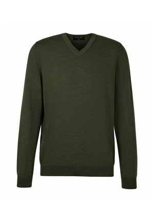 Zielony sweter z dekoltem w serek wykonany z miękkiej, lekkiej dzianiny. Posiada długie rękawy oraz dopasowany fason z prążkowanymi mankietami i dołem.