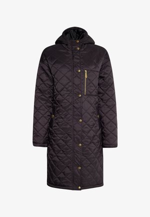 Quilted long black jacket with a hood, featuring gold snap buttons, a zippered chest pocket, and two side pockets. Smooth, shiny texture.