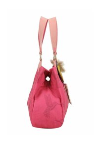 Roze handtas van een gestructureerde stof, met vogelmotieven, een ronde opening en korte roze leren hengsels. Bevat een decoratieve accent.