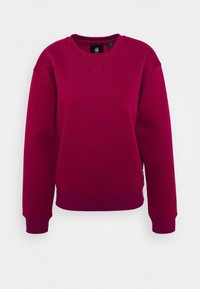 Sudadera fucsia con cuello redondo, mangas largas, puños y dobladillo acanalados, y una pequeña etiqueta de logo en el lateral. Textura suave.
