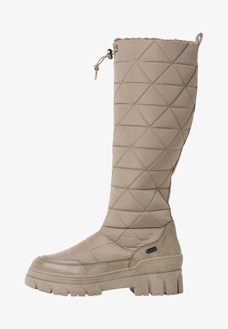 Botte d'hiver matelassée beige hauteur genou avec semelle épaisse et robuste et fermeture à cordon ajustable en haut.