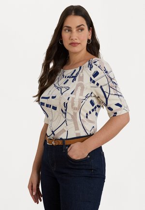 BELTING PRINT COTTON BOATNECK TEE - Tricou cu imprimeu - cream/navy