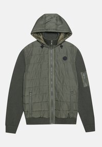 Veste olivier rembourrée avec fermeture éclair sur le devant, manches tricotées et capuche. Présente un patch logo et des poches latérales zippées. Matériau texturé.