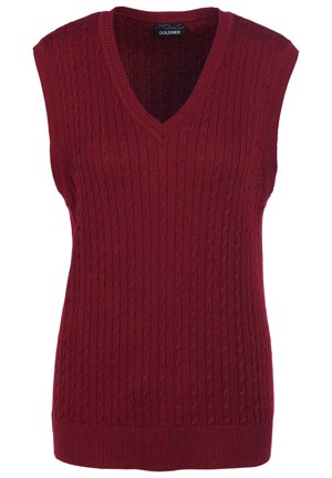 Pull en maille sans manches bordeaux avec un col en V, présentant une texture en tricot torsadé et un ourlet côtelé. Fabriqué en tissu tricoté doux.