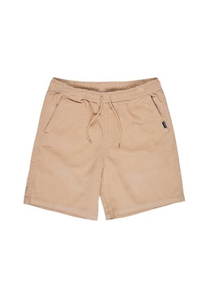 Bēšas kordurojas šorti ar elastīgu jostu un auklu. Ir divas sānu kabatas un brīvs piegriezums. Gluda tekstūra, ceļa garuma dizains.