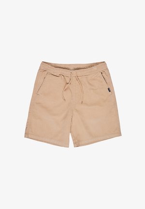 Beige corduroy shorts with an elastic waistband and drawstring. Features two side pockets and a relaxed fit. Smooth texture, knee-length design.