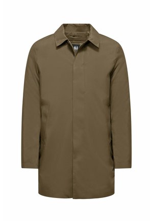 Cappotto marrone, resistente all'acqua, con taglio dritto, colletto e maniche lunghe. Presenta tasche laterali e un design minimalista senza chiusure visibili.