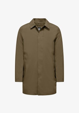 Brązowy, wodoodporny płaszcz o prostym kroju, z kołnierzem i długimi rękawami. Posiada boczne kieszenie i minimalistyczny design bez widocznych zapięć.