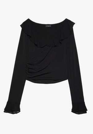 Haut noir à manches longues avec un col froncé, un détail froncé sur le côté et des poignets évasés, en tissu lisse et extensible.