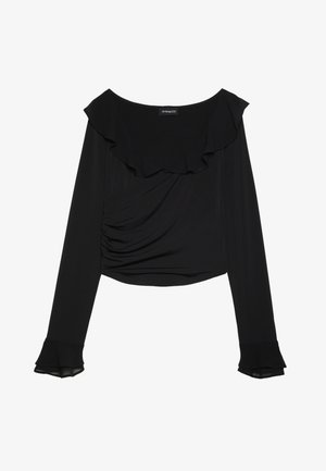 Black long-sleeve top featuring a ruffled neckline, ruched side detail, and flared cuffs in a smooth, stretchy fabric.