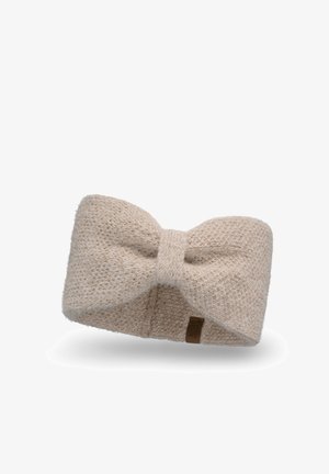Gebreide hoofdband in licht beige met een strikdetail aan de voorkant, voorzien van een gestructureerd patroon en een klein, leren merkje aan de zijkant.