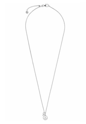Silberne Kettenhalskette mit einem Frieden-Symbol-Anhänger. Die Kette ist zart, mit einem Verschluss und einer verstellbaren Länge für vielseitiges Tragen.