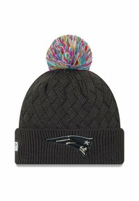 Dunkelgraue Strickmütze mit einem dicken gerippten Saum, ausgestattet mit einem mehrfarbigen Pompon oben und einem gestickten Teamlogo auf der Vorderseite.