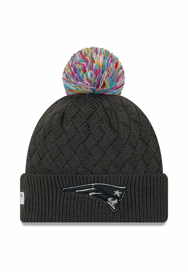 Dunkelgraue Strickmütze mit einem dicken gerippten Saum, ausgestattet mit einem mehrfarbigen Pompon oben und einem gestickten Teamlogo auf der Vorderseite.