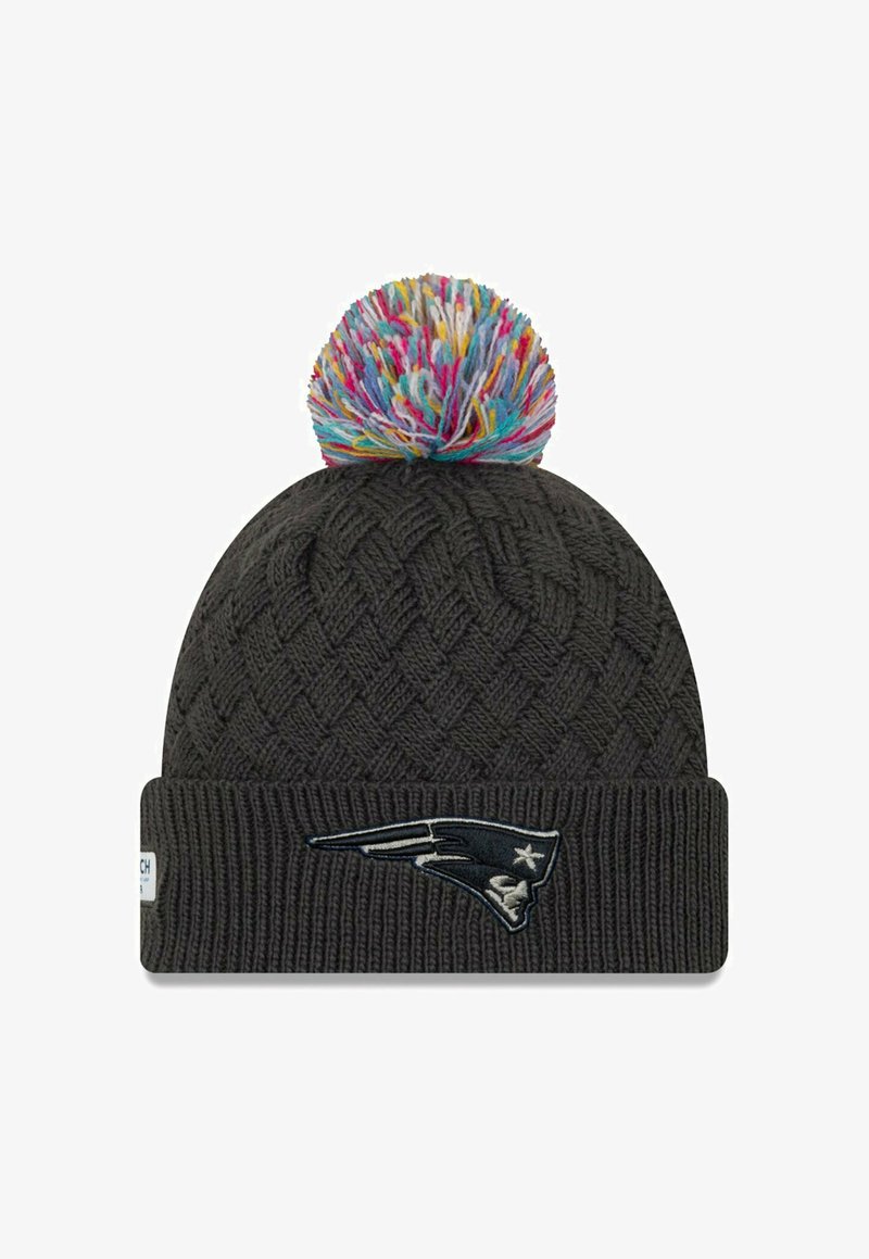 Dark gray knit beanie with a thick ribbed cuff, featuring a multicolored pom-pom on top and an embroidered team logo on the front.