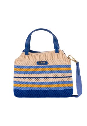 Gebreide handtas met blauwe, beige, oranje en lichtblauwe strepen, blauwe leren handvatten en een afneembare blauwe riem met gouden gesp.