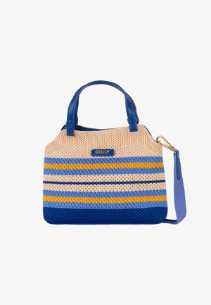 Borsa a maglia con strisce blu, beige, arancione e azzurro, manici in pelle blu e tracolla blu staccabile con chiusura dorata.