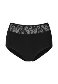 Mutande nere a vita alta con un cinturino in pizzo floreale. Design funzionale, texture liscia e dettagli in pizzo scallopato nella parte superiore.