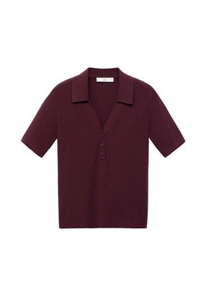 Short-sleeve, deep burgundy polo shirt made of textured fabric, featuring a V-neck, three buttons, and a constructed collar.