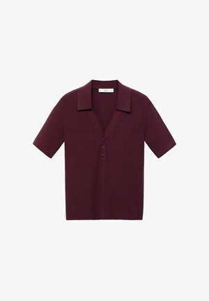 Short-sleeve, deep burgundy polo shirt made of textured fabric, featuring a V-neck, three buttons, and a constructed collar.